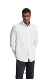 White men's casual long sleeve button-up shirt with a classic collar and buttoned cuffs.