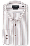 White long-sleeve casual shirt with thin vertical cognac and dark grey stripes, spread button-down collar, and dark brown but