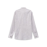 Men's white long-sleeve casual shirt with thin vertical cognac stripes, standard collar, and two dark brown buttons on each c