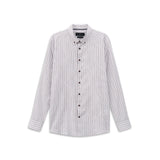 Men's white casual shirt with thin vertical cognac stripes, button-down collar, long sleeves, and dark brown buttons.