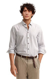 Men's long-sleeved casual shirt in white with thin brown vertical stripes, featuring a button-down collar.