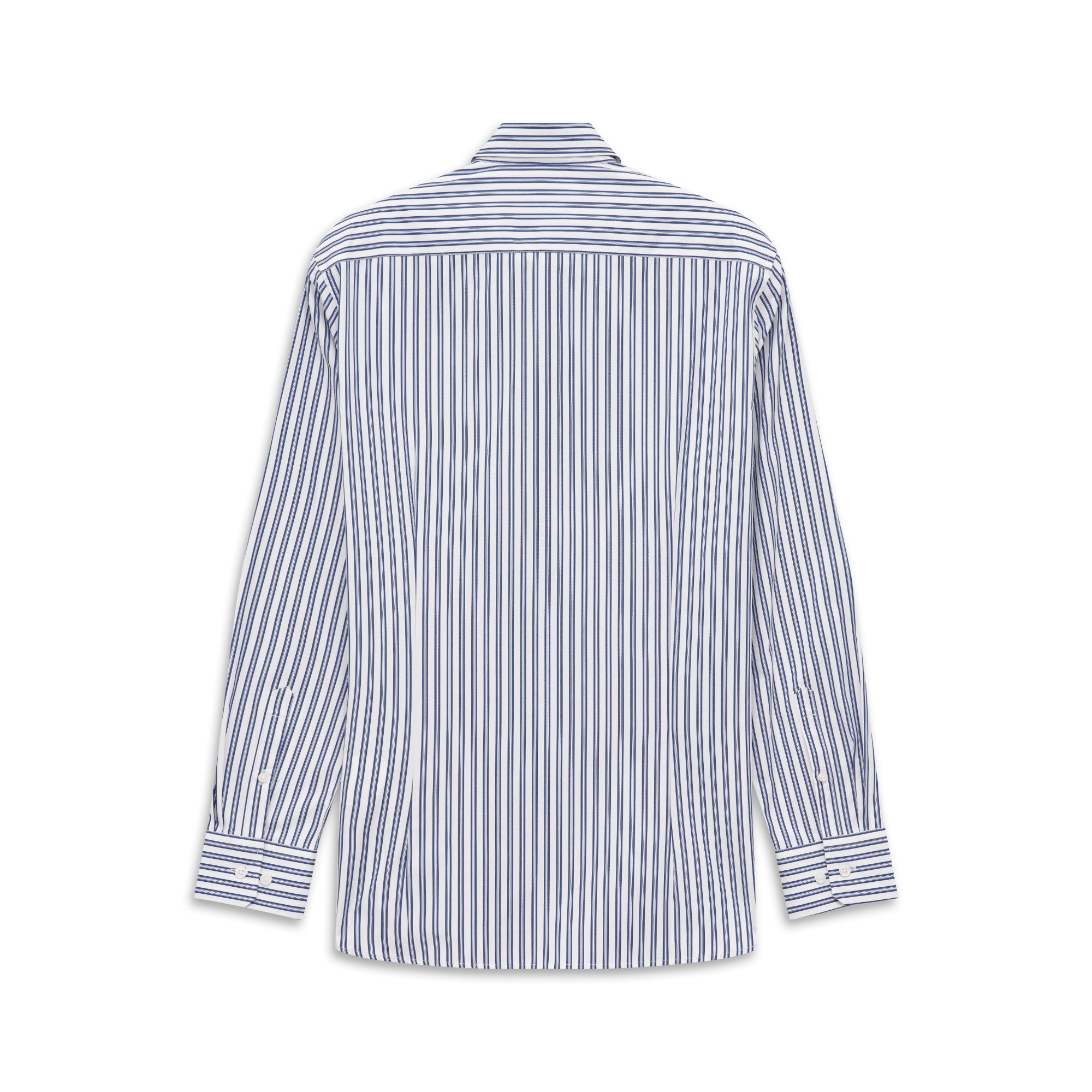 Navy blue and white striped long-sleeved shirt with a collared neck. Vertical stripes on the body, horizontal on yoke and cuf