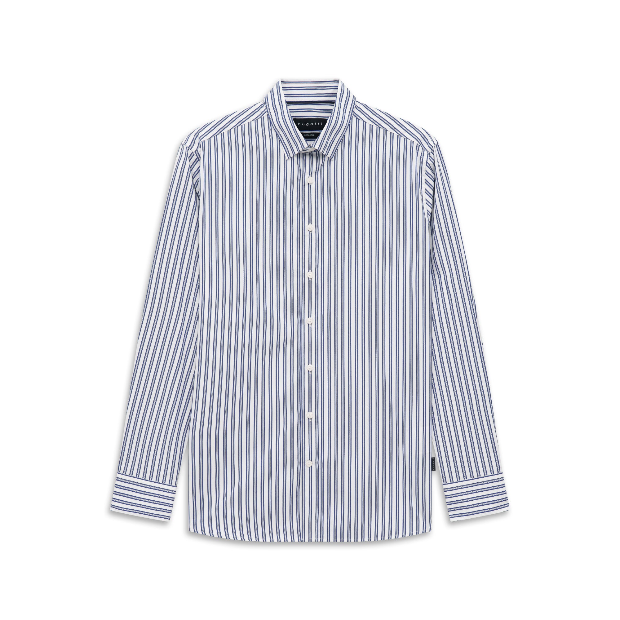 Navy blue and white striped long-sleeved button-up shirt with a pointed collar, white buttons, and buttoned cuffs.