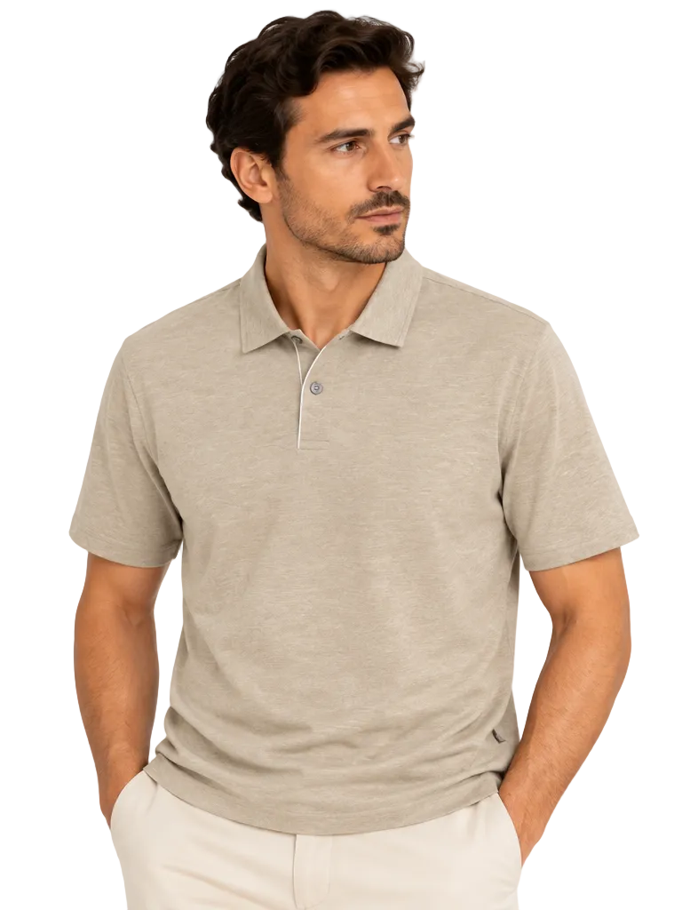 Beige short-sleeved polo shirt with a classic collar and a two-button placket featuring white contrasting trim.