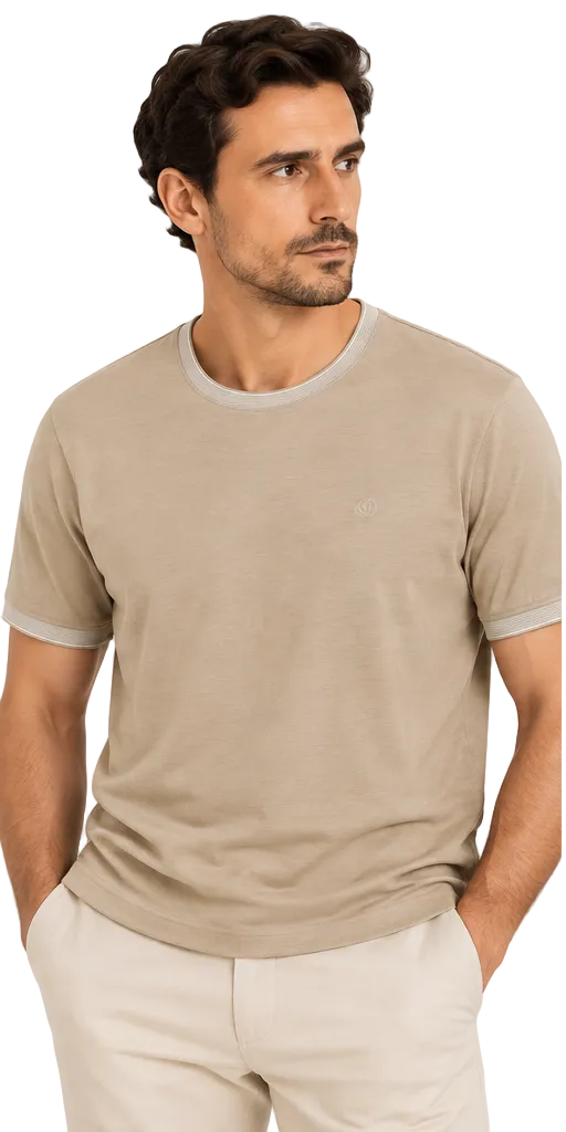 Bugatti men's light brown short-sleeved top with a round neckline, ribbed trims, and an embroidered chest logo.