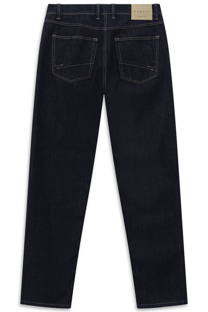 Navy blue jeans with light brown stitching. Two back pockets, each with a horizontal and small diagonal stitch. Brand patch o