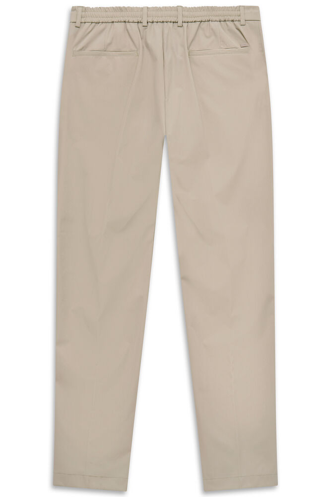 Beige casual trousers with an elasticated waistband, belt loops, and two back welt pockets.