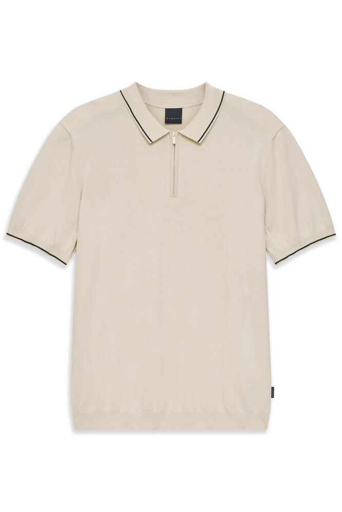 Beige half-sleeve knit polo shirt with a spread collar, black-tipped edges, and a half-zip placket.