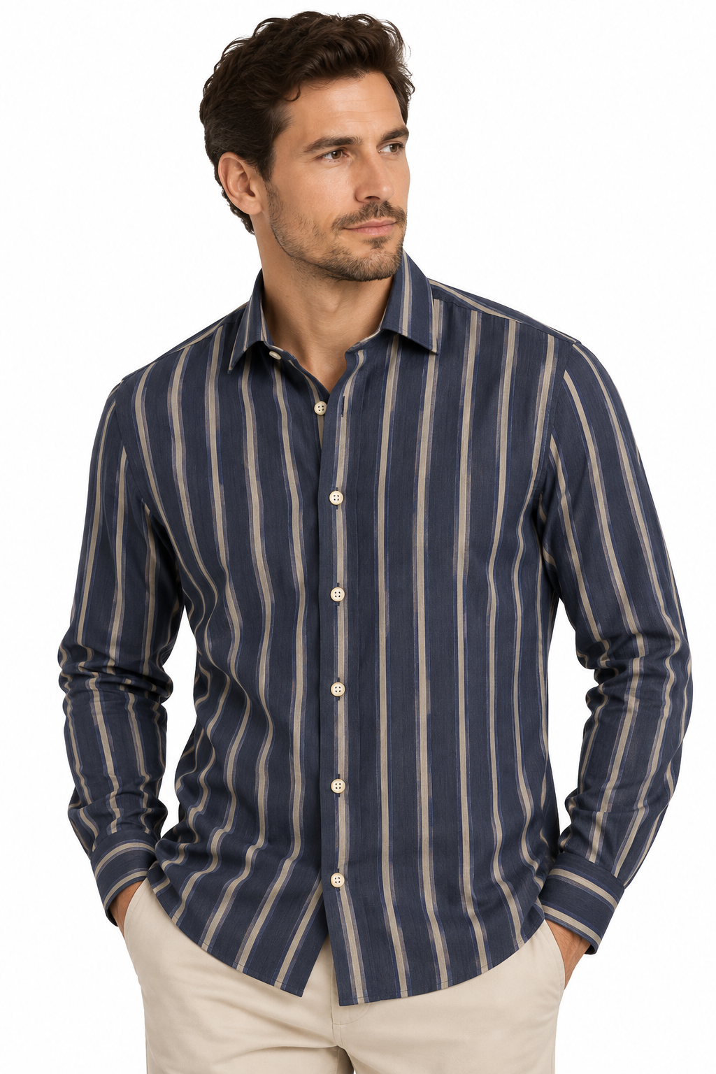 Navy blue casual long sleeve shirt with light beige vertical stripes and light-coloured buttons on a white background.