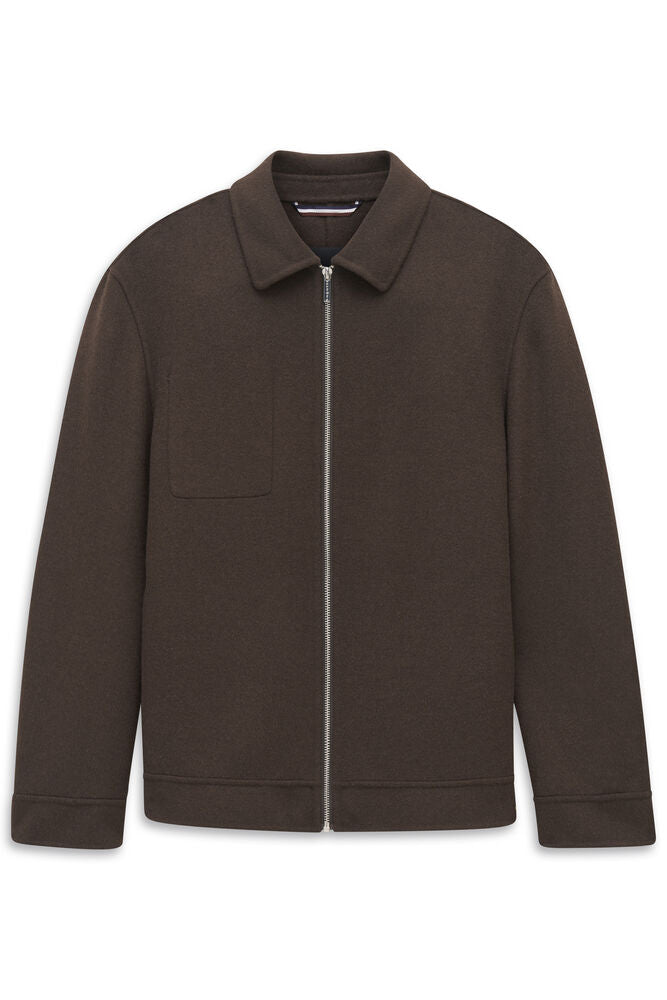 Dark brown textured jacket with a pointed collar, full silver-toned zipper, and a single patch pocket on the left chest.