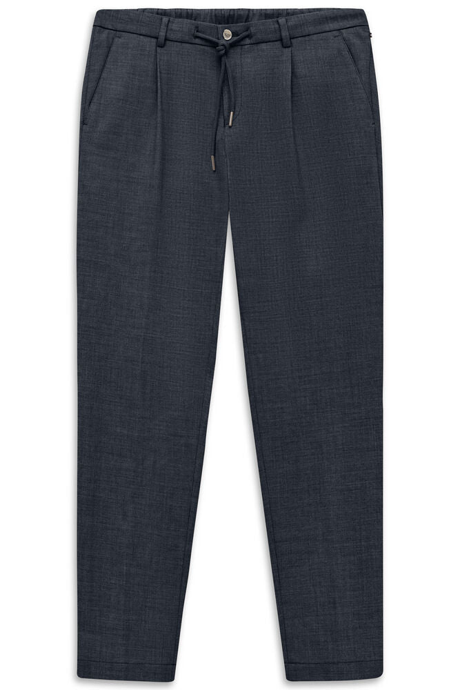 Navy blue casual trousers with a drawstring waist, flat front pleats, and slanted side pockets.