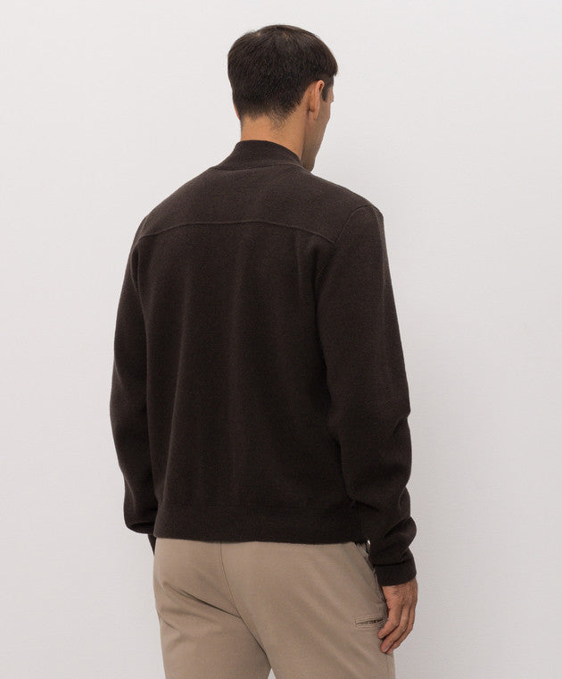 Dark brown long-sleeved sweater with a stand-up collar, ribbed cuffs and hem, and a horizontal seam across the upper back.