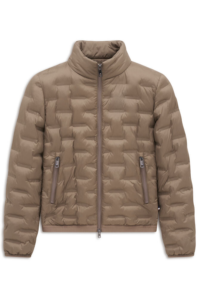 Taupe men's quilted puffer jacket with a high stand collar, full zip closure, and two front zip pockets.