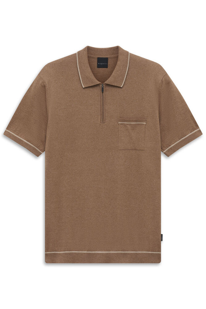 Cognac brown short-sleeve knit polo shirt with a zip placket, collar, chest pocket, and light beige trim.