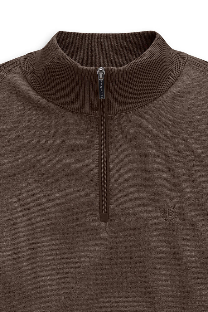 Brown fine-knit sweater with a ribbed high collar, silver-toned quarter-zip, and an embroidered brown logo on the chest.