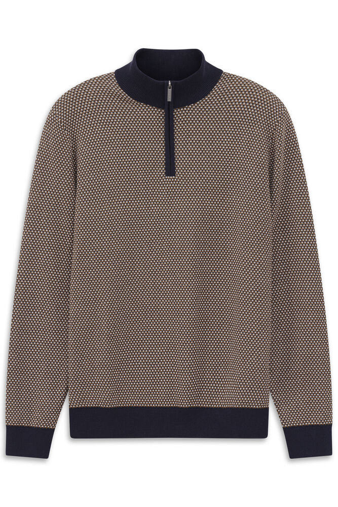 Navy blue and beige geometric pattern men's quarter-zip mock neck sweater with ribbed cuffs and hem.