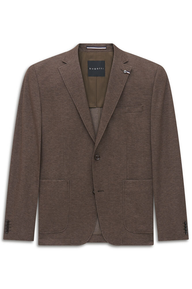 Brown single-breasted knit jacket with notched lapels, two-button closure, chest welt pocket, and two rounded patch pockets.