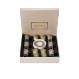 Perspective view of the open Casa Blu gift box showing the elegant logo and organized set layout.