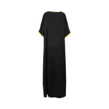 Back view of the black kaftan showing the smooth satin fabric and the gold trim on the collar and sleeve cuffs