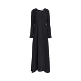 Front view of a CASA JOHARA FASHION black long-sleeve maxi dress with a V-neckline and tailored bodice.
