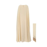 Back view of the cream chiffon cape overlay showing the elegant drape and floor-length hem.