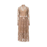 Front view of a CASA JOHARA FASHION mauve lace midi dress with long sleeves, a high neck, and a satin bow belt.