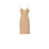 Front view of the matching beige camisole slip dress with adjustable spaghetti straps.