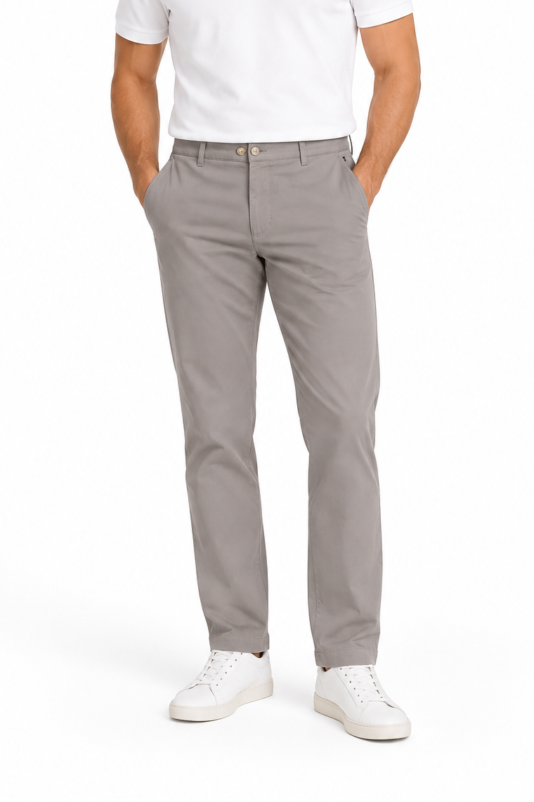 Grey men's casual trousers with a straight leg, flat front, button and zip fly, and front slant pockets.