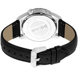 Just Cavalli Gents Blue Dial Stainless Steel Silver Case Black Leather Strap Watch