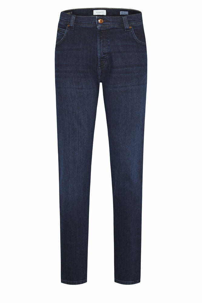 Dark blue straight-leg men's denim trousers with five pockets, copper-toned rivets, and a button fly closure.
