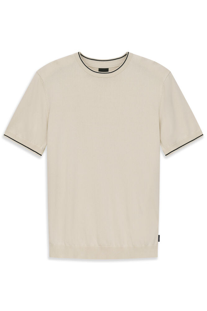 Beige men's short-sleeved T-shirt with a black and white striped crew neck and sleeve cuffs, and a ribbed hem.