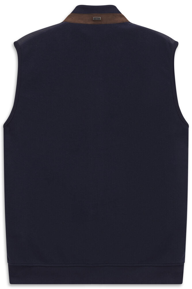 Navy blue sleeveless vest with a brown collar, a dark-toned metal Bugatti label at the back of the neck, and a ribbed hem.