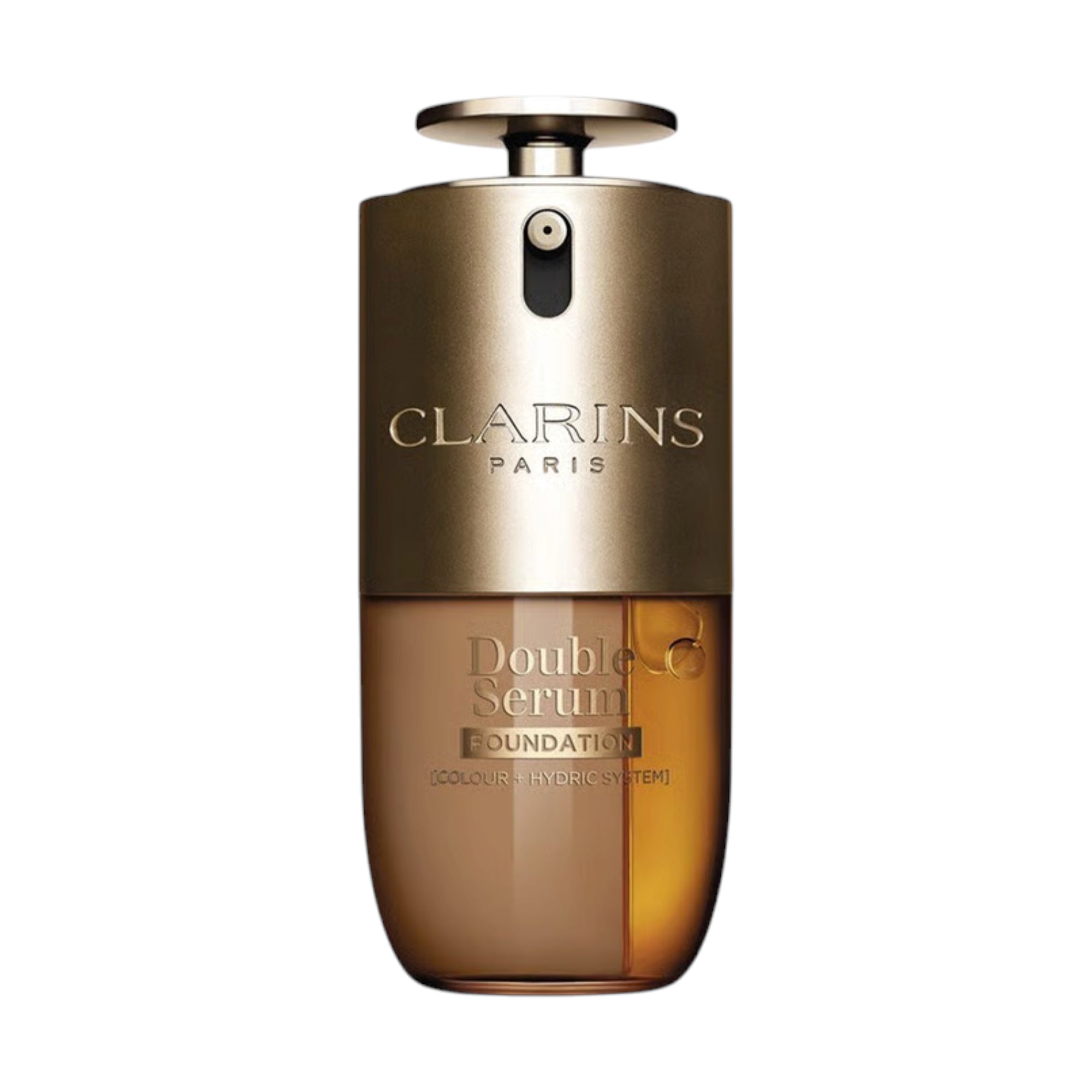 Clarins Double Serum Foundation bottle with a gold-toned metallic top and transparent lower section showing beige and amber l