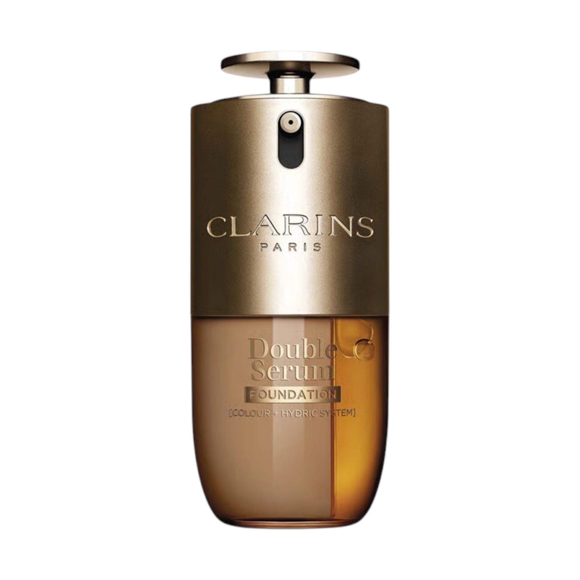 Clarins Double Serum Foundation bottle with a gold-toned top and transparent lower section showing two brown liquids.