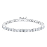Silver-toned tennis bracelet with a continuous line of round, clear brilliant-cut stones and a box clasp.