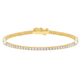 Gold-toned tennis bracelet featuring a continuous line of clear, round-cut cubic zirconia stones and a secure clasp.