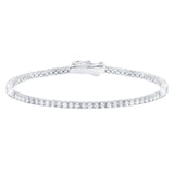 Silver-toned tennis bracelet with a continuous line of small, round, clear stones and a box clasp.