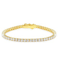 Gold-toned tennis bracelet with a continuous line of round, clear simulated diamonds and a box clasp.