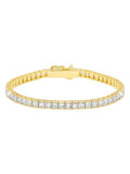 Rose gold-finished tennis bracelet with a continuous line of square-cut clear cubic zirconia stones and a box clasp.