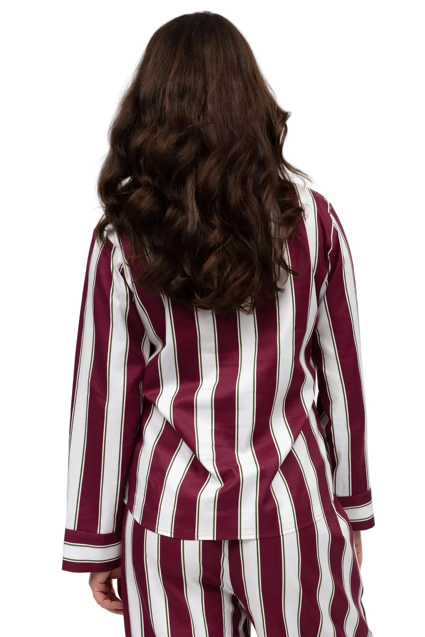 Back of a long-sleeved pyjama top with vertical stripes in ox blood, white, and thin dark lines. Smooth fabric.