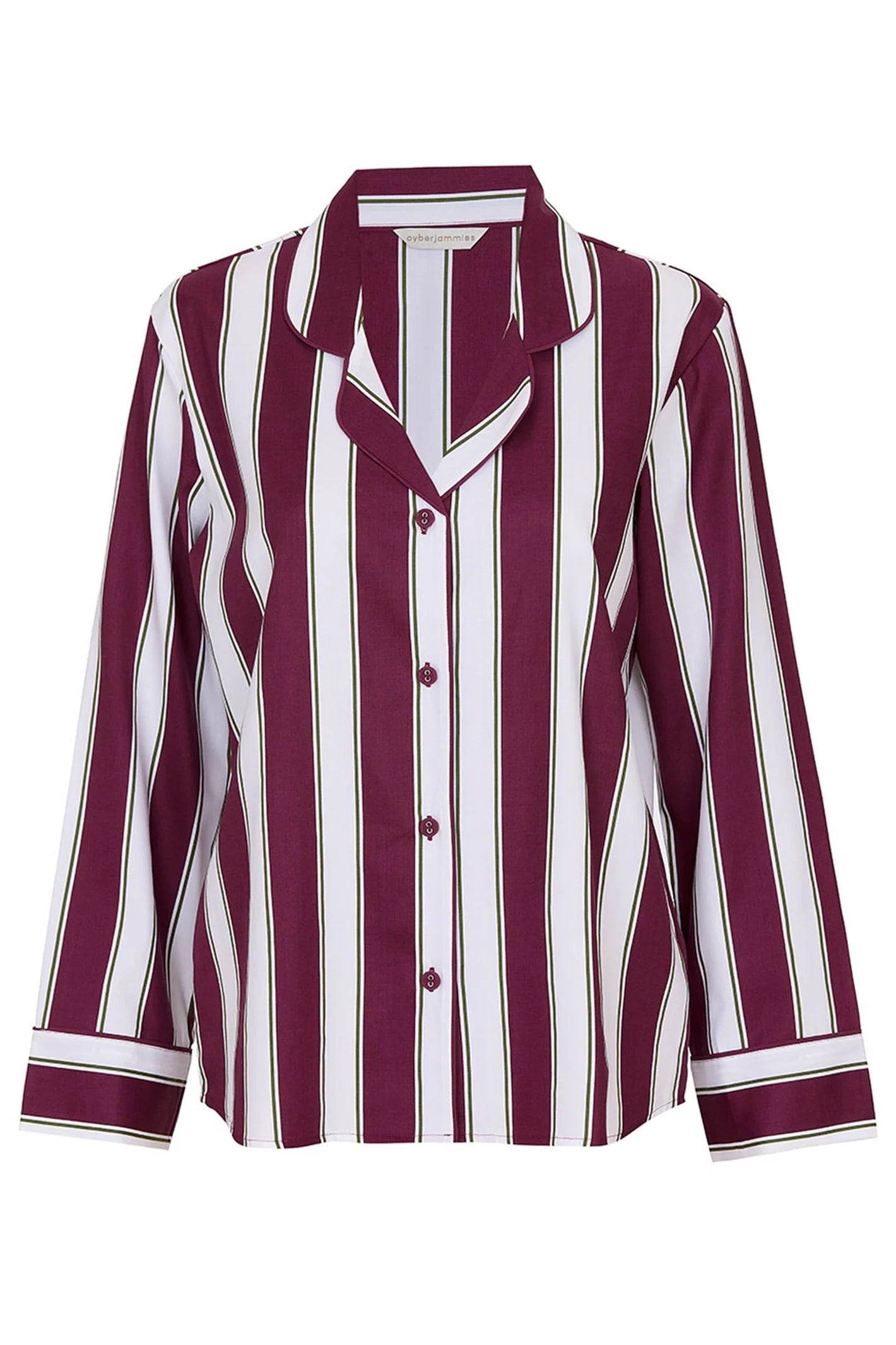 Ox blood and white striped long-sleeve pyjama top with thin green lines, notched lapel collar, button-front, and cuffed sleev