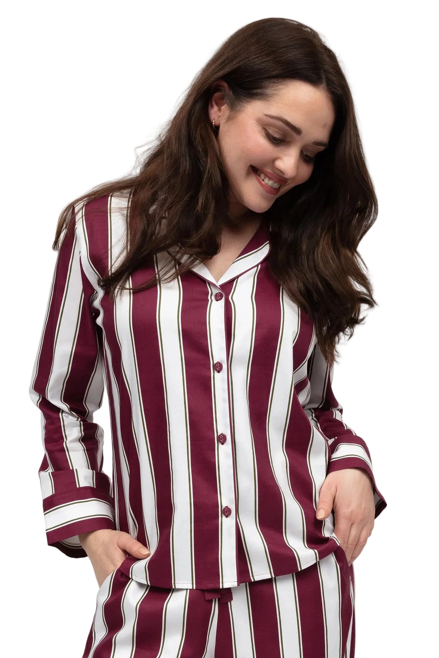 Ox blood and white striped long sleeve pyjama top with a notched collar and button-front closure