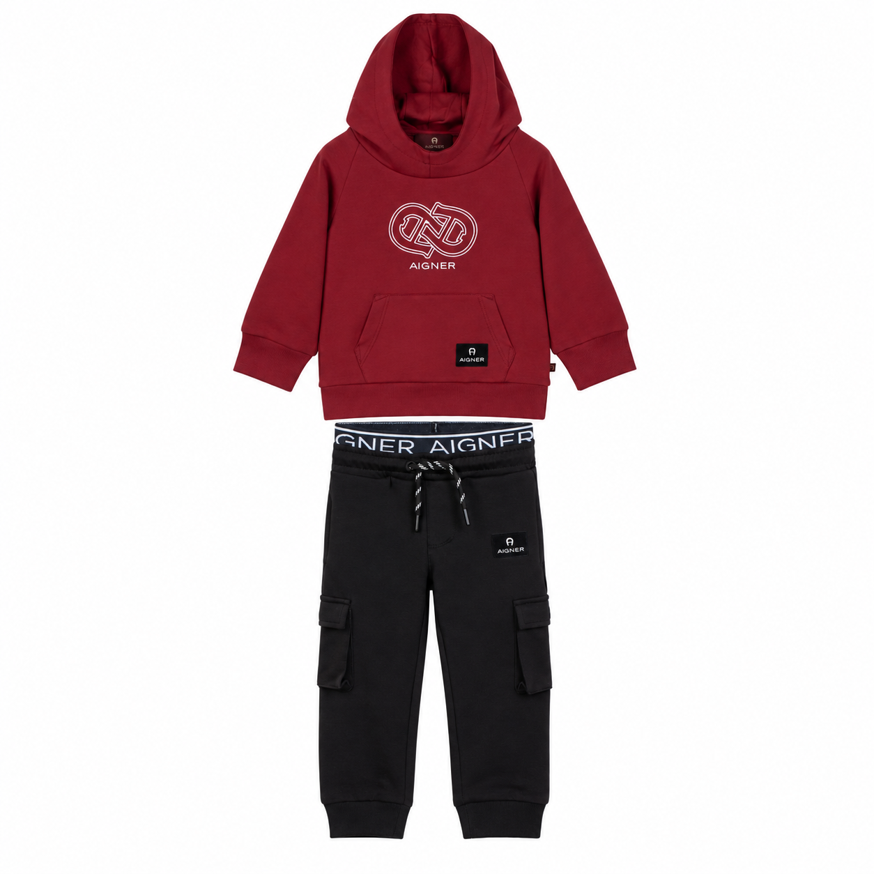 Burgundy hooded sweatshirt with white logo and black jogging bottoms with cargo pockets and branded waistband.