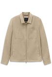 Beige linen blouson jacket with a pointed collar, full silver-toned zipper, two chest patch pockets, and two waist slit pocke