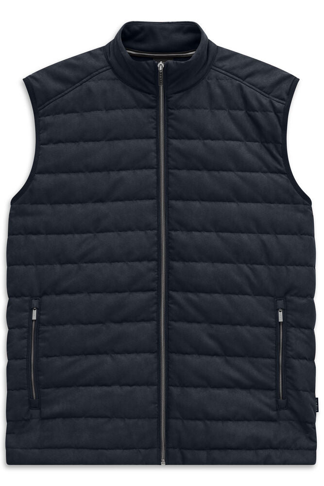 Navy blue men's quilted vest with a stand-up collar, full silver-toned zip front, and two vertical zipped pockets.
