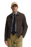 Brown men's full-zip jacket with a point collar, two chest flap pockets, and long sleeves.