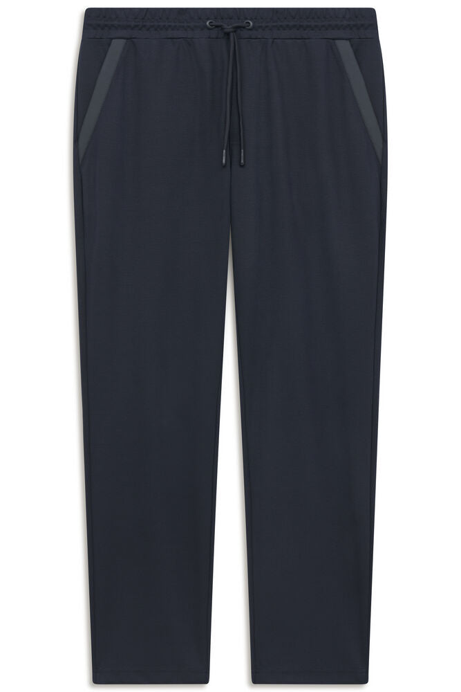 Navy blue men's trousers with an elasticated drawstring waistband and side pockets featuring a darker contrasting trim.