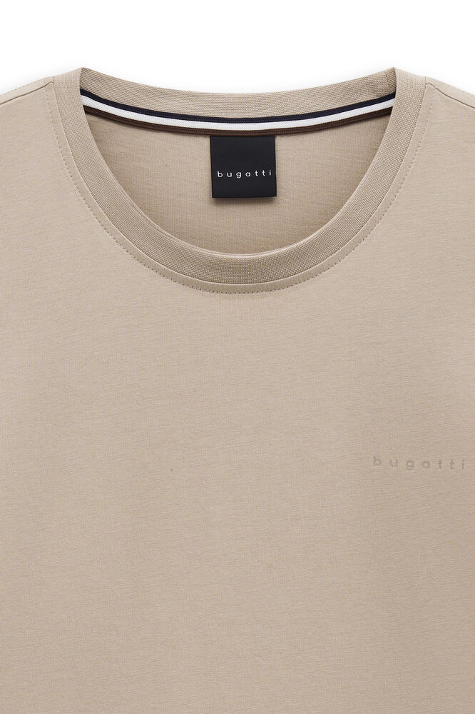 Beige crew neck T-shirt with ribbed collar, striped inner neck tape, and a subtle tone-on-tone Bugatti logo on the front.