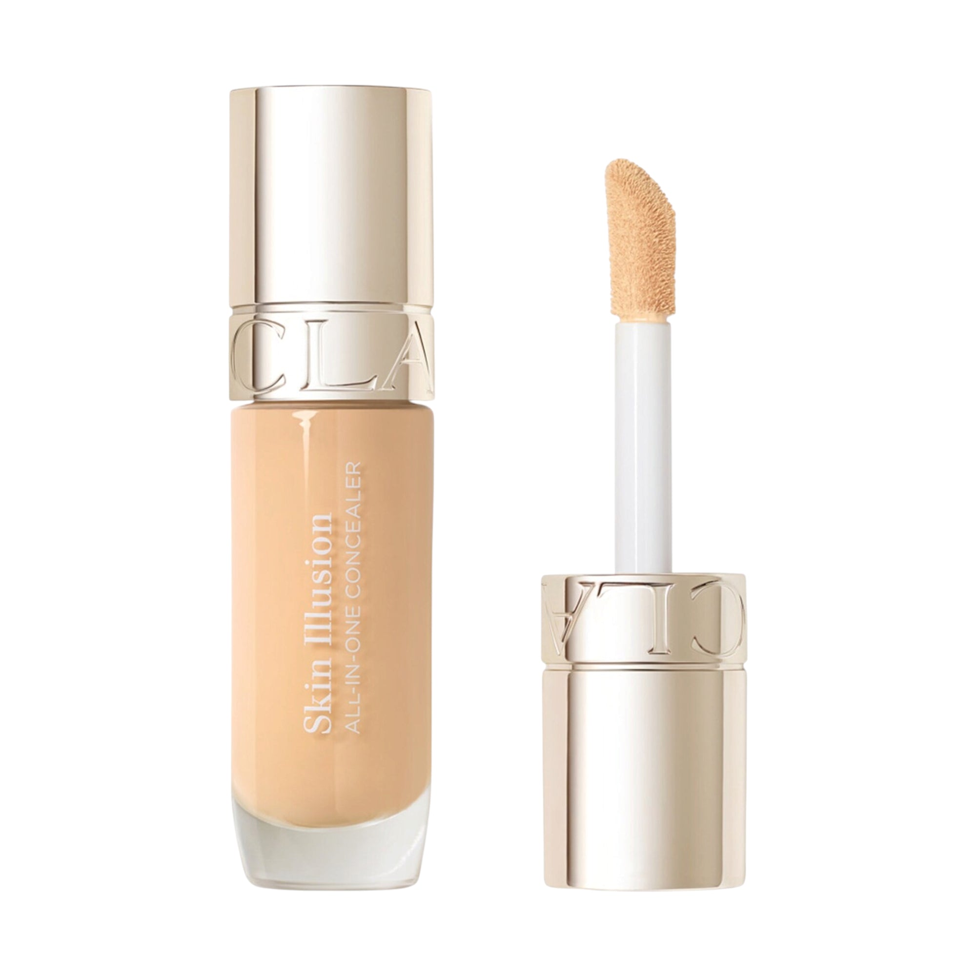 CLARINS Skin Illusion All-in-One Concealer in a light beige shade, presented in a clear glass bottle with a gold-toned cap an
