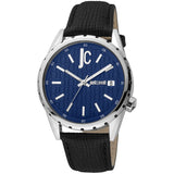 Just Cavalli Gents Blue Dial Stainless Steel Silver Case Black Leather Strap Watch